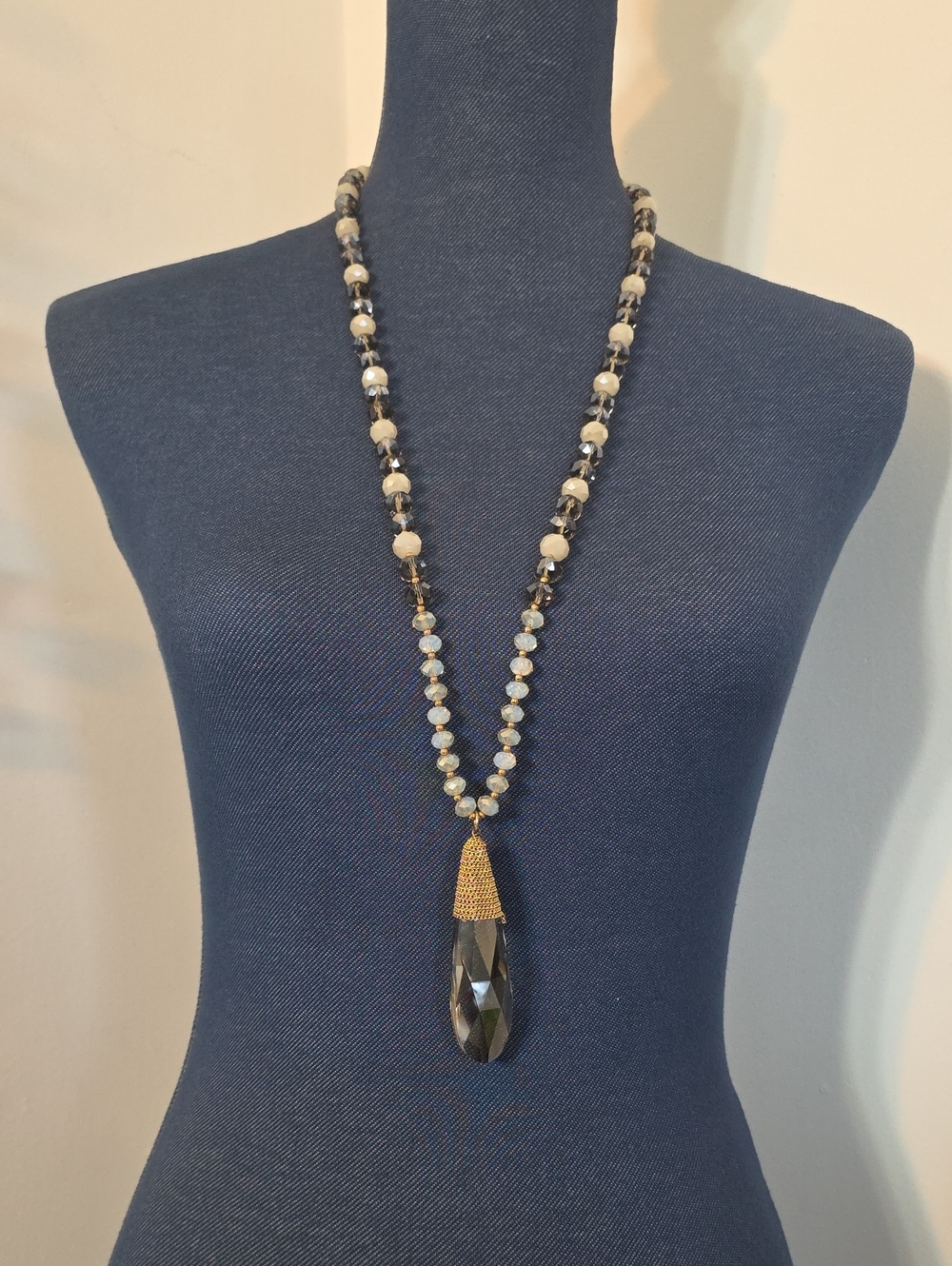 Smoky Quartz Glass Faceted Teardrop Pendant Beaded Long Necklace Gold Tone